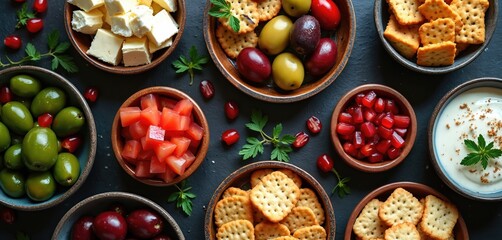 Traditional Greek cuisine arrangement. Overhead view of assorted appetizers feta cheese olives crackers tomatoes pomegranate dip. Healthy mediterranean food, delicious meal ready for party.