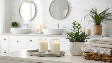 Fototapeta premium Spa Bathroom Decor Two Candles, Plant, Towels, White Tray, Minimalist Composition, Bathroom Ambiance Spa,Relaxation