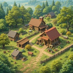 Obraz premium Game Background Art: Fantasy Village Map