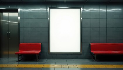 Blank movie poster mockup in a subway station. Empty billboard advertising space with red benches and elevator. Urban setting, advertising, promo, commercial design.