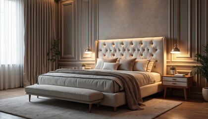 Luxurious bedroom design with tufted bed, elegant interior decor. Modern, stylish aesthetic with cozy, comfortable vibes. Neutral tones, soft lighting, minimalist design create sophisticated ambience.