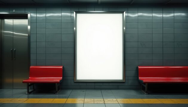 Blank movie poster mockup in a subway station. Empty billboard advertising space with red benches and elevator. Urban setting, advertising, promo, commercial design. - Powered by Adobe