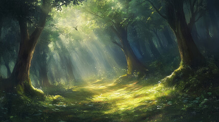Enchanted Forest Scene with Glowing Light – Magical Nature Background

