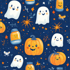 seamless pattern with cute cute ghosts pumpkin spider halloween
