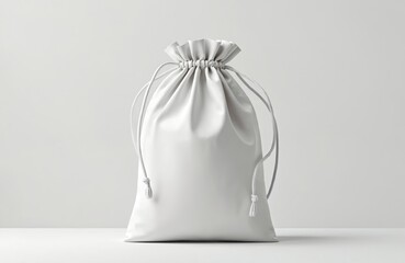 Blank white drawstring bag mockup, empty for branding or product display. Plain cotton pouch textile isolated on white background in studio for presentation, advertising apparel, gifts.