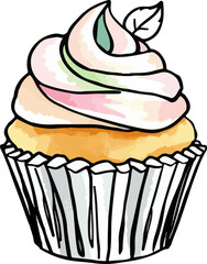 Watercolor vector illustration of a cupcake.
