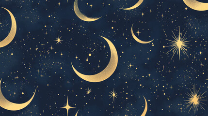 Magical Starry Sky Seamless Background with Golden Moons – Celestial Theme