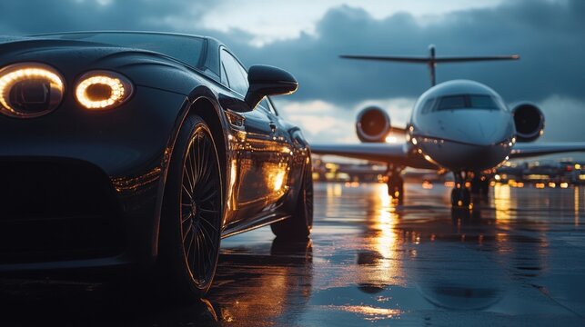 Luxury car parked near private jet at dusk with dramatic clouds and wet runway reflections