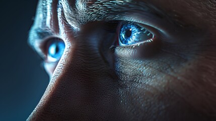 Close-up view of a person's intense, blue eyes.