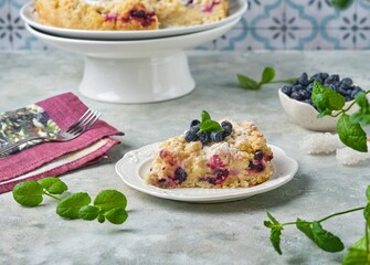 Sliced ​​shortcrust pie with custard cream filling and fresh honeysuckle or blueberries on white dessert plate against grey concrete background. Berry desserts.