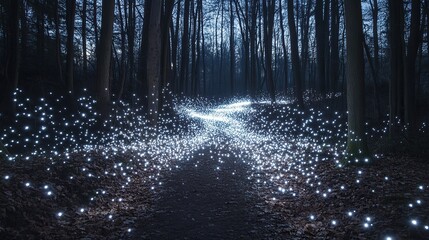 Layers of intricately timed explosions of silvery light bursts resembling falling stars over an empty