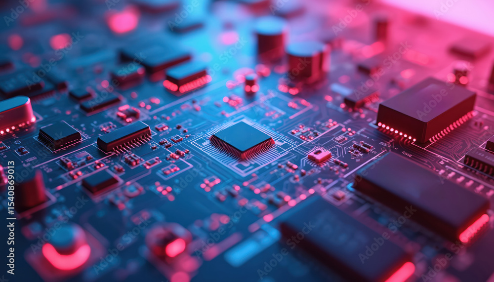 Poster Close-up view circuit board with microchips, processors. Tech design, innovation. Digital technology, data processing, computer hardware, AI. Modern tech background.
