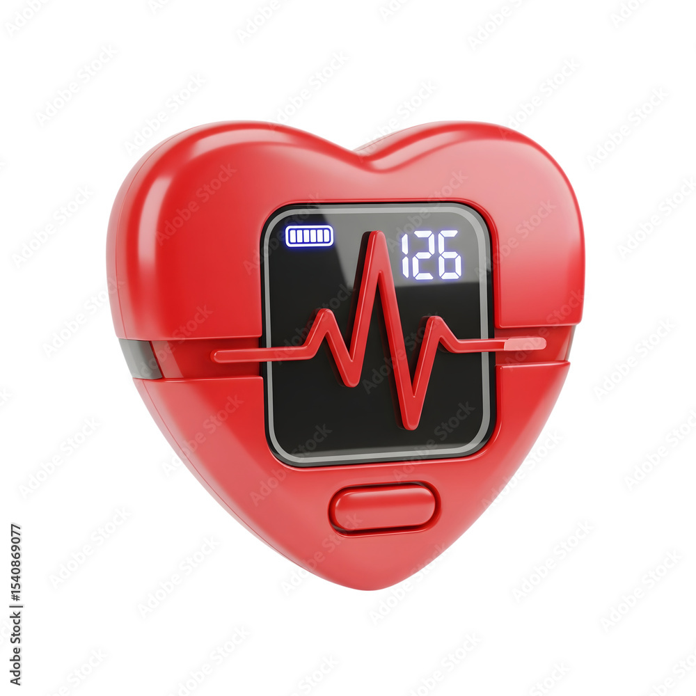 Poster red heart shaped 3d icon with heartbeat monitor displaying 126 isolated on a transparent background