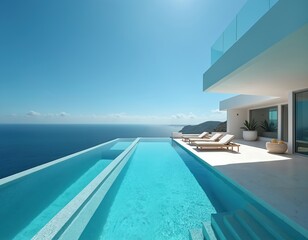 Fototapeta premium Luxurious infinity pool overlooks ocean. Modern architecture design clear sky on sunny day. Coastal paradise setting. Vacation, travel, relaxation, seascape, summer holiday. Minimalist design, luxury