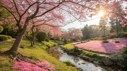 Sunlit Stream and Cherry Blossoms Landscape Photography, Spring Garden, Pink Flowers, Tranquil Scene, Nature, Japanese Garden Japanese Garden, Cherry Blossom Festival