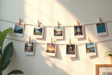 A nostalgic travel photo display on a string evoking wanderlust and adventure.