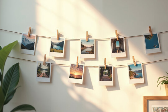 A nostalgic travel photo display on a string evoking wanderlust and adventure.