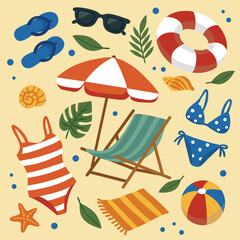 Flat vector illustration of beach vacation items: umbrella, deck chair, swimsuits, sunglasses, lifebuoy, towel, seashells, beach ball, and flip-flops on a warm yellow background