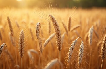 Fototapeta premium Golden rye field at sunset. Ripe grain crop, large ears, summer harvest season. Organic farming, agriculture concept. Rural scenery of growing cereal field, wheat spikelets.