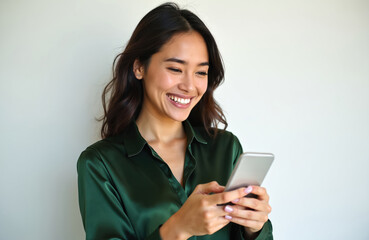 Young asian woman using smartphone. Smiling female texting with mobile phone. Lady with long hair chatting online, browsing internet. Girl holds device, happy, reads message in social media.