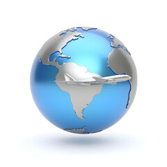 Fototapeta premium A 3D mobile app icon of a globe with an airplane, glossy texture, isolated on a white background, silver and blue tones, highly detailed.