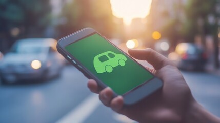 Hand holding smartphone displaying green car icon on city street during sunset