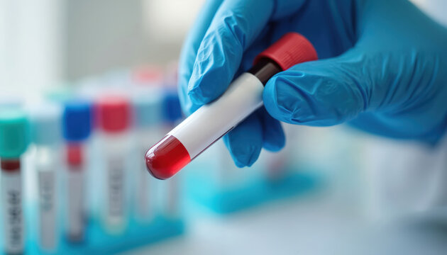 Doctor hand in blue glove holds blood sample tube for STD test. Medical lab background with test tubes, lab analyses for diseases. Health tech, blood test, scientific research, clinical.