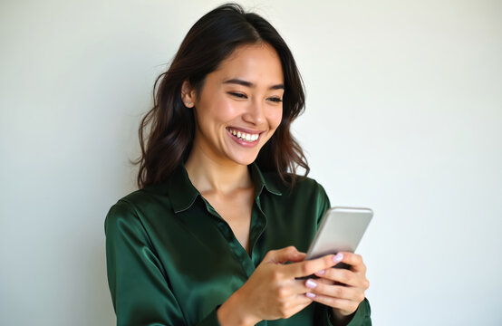 Young asian woman using smartphone. Smiling female texting with mobile phone. Lady with long hair chatting online, browsing internet. Girl holds device, happy, reads message in social media. - Powered by Adobe