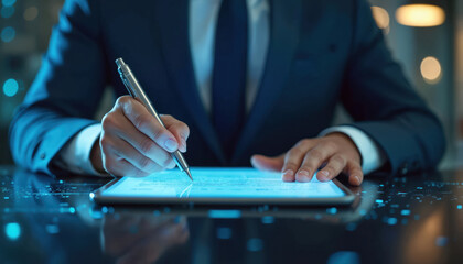 Businessman in suit e-signs documents on tablet. Corporate worker digital signature, online business, paperless office. Man using stylus, approves digital transaction, modern technology.
