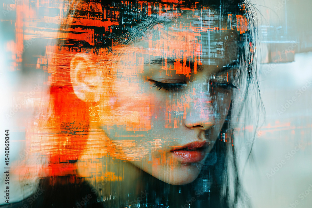 Poster generative ai glitch art composition of male female face merged with digital code and futuristic vis