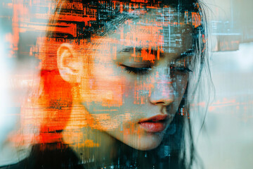 Generative AI glitch art composition of male female face merged with digital code and futuristic visual interference effect