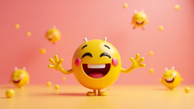 Happy 3d emoji character laughing and waving - Powered by Adobe