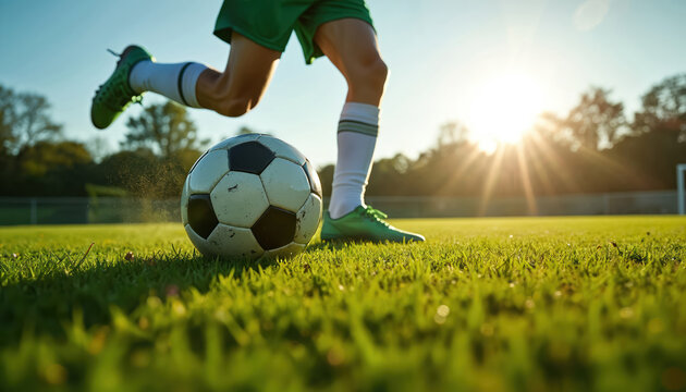 Soccer player kicks ball on green field in sunlight. Athlete in green uniform strikes ball with foot, creating motion. Dynamic soccer action during training practice, showing teamwork, competition, - Powered by Adobe