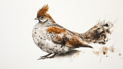 A grouse sitting calmly with its fan-shaped tail feathers partially spread out
