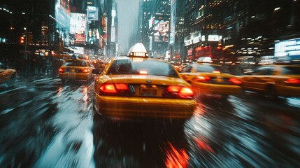 Yellow taxis navigating through rainy streets of New York City at night