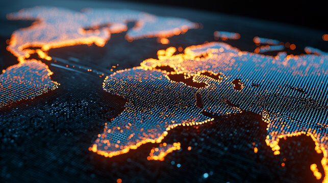 Close-up of a digital world map with glowing orange data points representing global network activity and technological connectivity.

