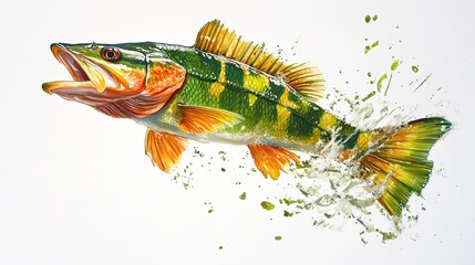 A peacock bass leaping just above an invisible surface