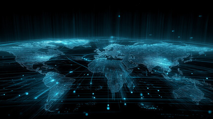 Digital 3D visualization of a glowing world map network with data points and cyber grid connections.

