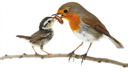 A robin feeding a worm to its chick