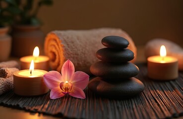Spa wellness setting. Massage stones, candles, orchid flower, rolled towels. Zen-like atmosphere, perfect for relaxation, beauty treatments, aromatherapy. Focus on well-being, self-care practices.