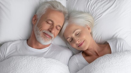 Happy senior couple sleeping peacefully in bed with white linens and ample copy space