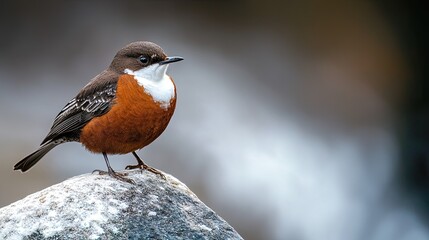 A white-throated dipper perched proudly with its brown body and bright throat glowing vividly against a smooth blank canvas of white