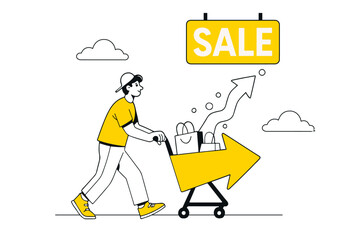 A young male figure, depicted in a cartoon style, pushes a shopping cart filled with items, celebrating a sale with yellow accents and a cheerful expression.