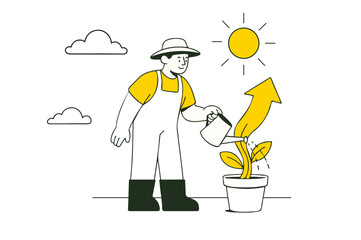 A gardener, with light skin, watering a plant under the sun in a flat vector style. Bright colors depict growth and care for nature.