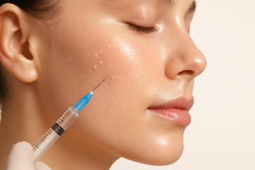 High-Resolution Ultra-Realistic Image of a Glowing Female Face Receiving a Cosmetic Skin Booster Injection with Visible Hydration Beads – Ideal for Showcasing Modern Aesthetic Treatments