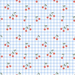 Cherry seamless pattern with green stems on light blue gingham background in small scale