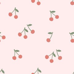 Cherry seamless pattern with green stems on solid light pink background in large scale