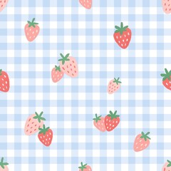 Strawberry seamless pattern with green leaves on light blue gingham checkered background in large scale