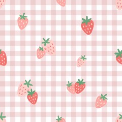 Strawberry seamless pattern with green leaves on light pink gingham checkered background in large scale