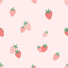 Strawberry seamless pattern with green leaves on solid light pink background in large scale